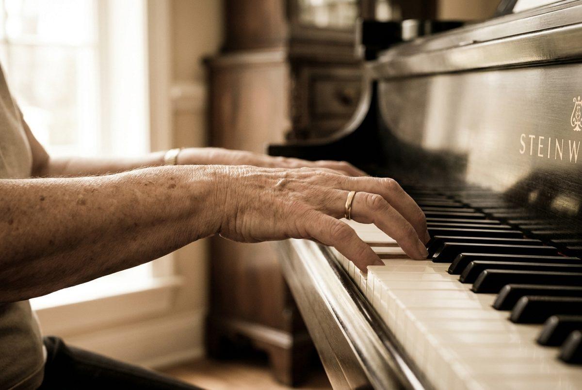 An older adult's hands with curved fingers playing the keys of a black grand piano