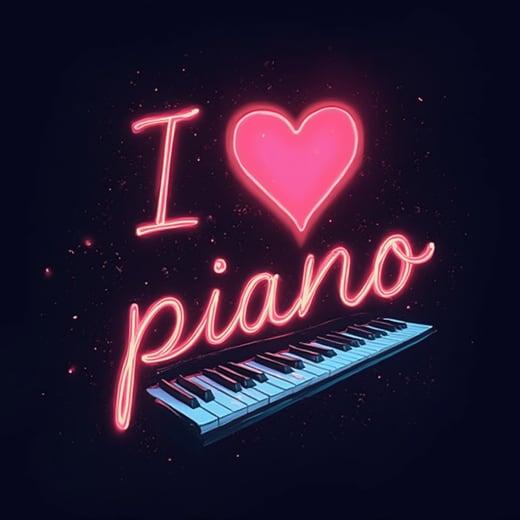 Neon 'I love piano' sign glowing above a piano keyboard